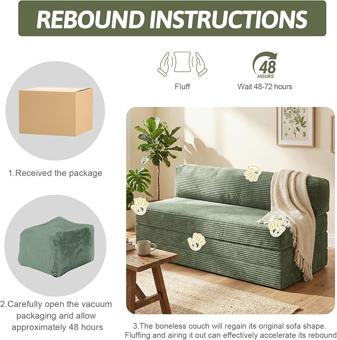 5-in-1 Convertible Sofa Bed, Boneless Couch Loveseat with Removable Cushions & Washable Cover, Futon Sofa Bed with Handle, Pull Out Couch for Small Spaces, Queen Size, Green