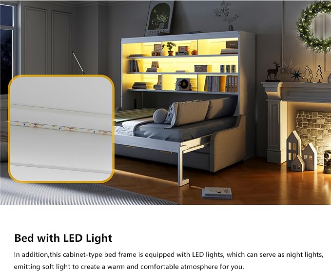 MERITLINE Full Horizontal Murphy Bed with Sofa and Storage Shelves, LED Light, Solid Wood Space Saving Hideaway Murphy Wall Bed with Couch and Storage for Adults (Beige,Full)