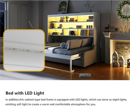 MERITLINE Full Horizontal Murphy Bed with Sofa and Storage Shelves, LED Light, Solid Wood Space Saving Hideaway Murphy Wall Bed with Couch and Storage for Adults (Beige,Full)