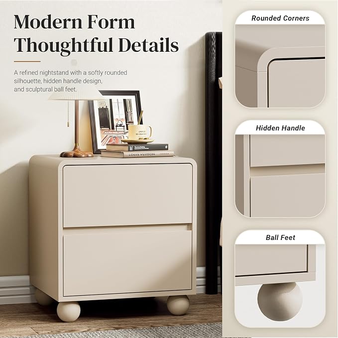 Furniway Beige Nightstand Set of 2, Modern 2 Drawer Bedside Table with Curved Profile Design and Handle-Free Drawers, Modern End Table with Storage for Bedroom