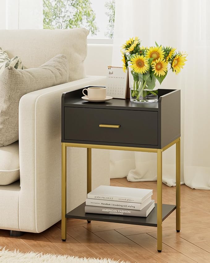 Masupu Nightstand,Bedside Table 3-Tier Modern Night Stand with Storage Drawer and Shelf,Small End Side Table for Bedroom,Living Room,Black (Without Outlet, Black)