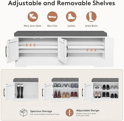 GRUSIGN 47.3" Shoe Storage Bench with Cushion, Entryway Shoe Cabinet, White | 3-in-1 Shoe Storage Bench, 47.3", Adjustable Shelves, Removable Cushion, 300 lbs Capacity, Entryway, Apartment, Families