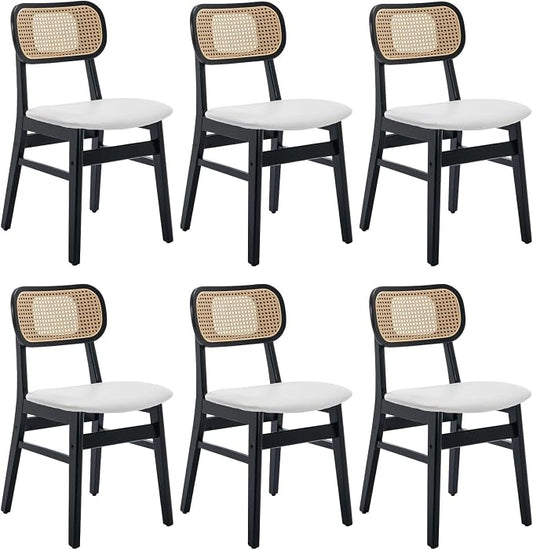 ROCITY Rattan Dining Chairs Set of 6 Black Wooden Dining Room Chairs White Faux Leather Kitchen Chairs with Back Farmhouse Side Chairs, Natural Wood