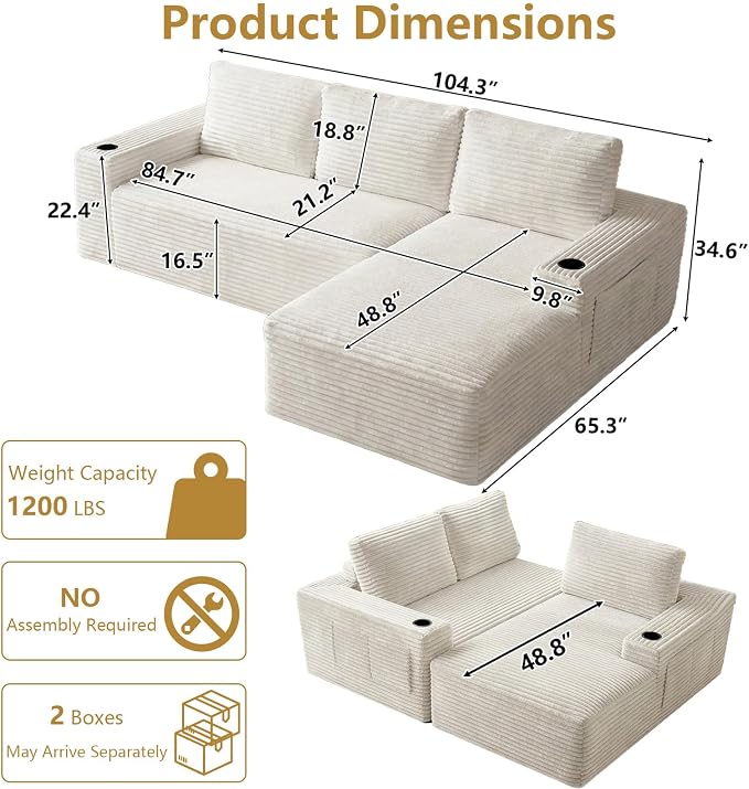 104" Cloud Sectional Couch L-Shaped with Side Pockets Cup Holders, Corduroy Boneless Couch for Living Room,Upholstered Deep-Seat Modular Sectional Sofa,No Assembly Required (White,Right Facing Chaise)