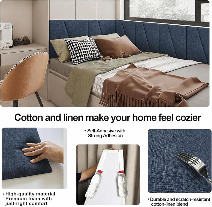 Peel and Stick Headboard Panels for Bed，Soft Padded Fabric Noise-Reducing Panels with Modern Stylish Design for Bedroom Decor (Dark Blue, King)