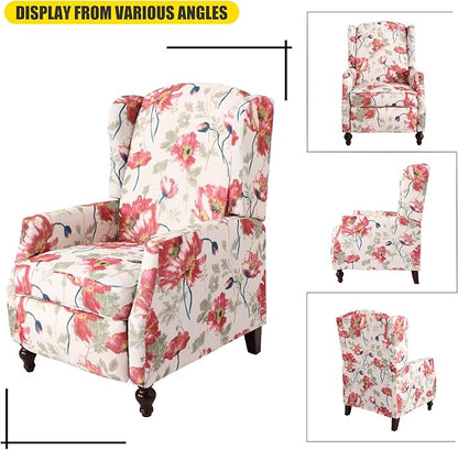 Upholstered Wingback Recliner Chair, Traditional Push Back Recliner Chair with Padded Seat, Fabric Floral Chair Wingback Recliner with Wooden Legs, Small Recliners for Small Spaces