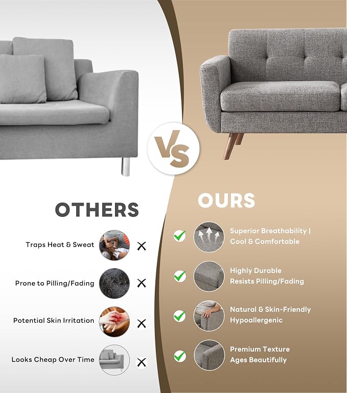 Tbfit 65" W Loveseat Sofa with Ottoman Coffee Table, Mid Century Modern Love Seat Couches for Living Room, Button Tufted Upholstered Small Couch for Bedroom,Easy to Install Love Seats Furniture, Gray | linen fabric