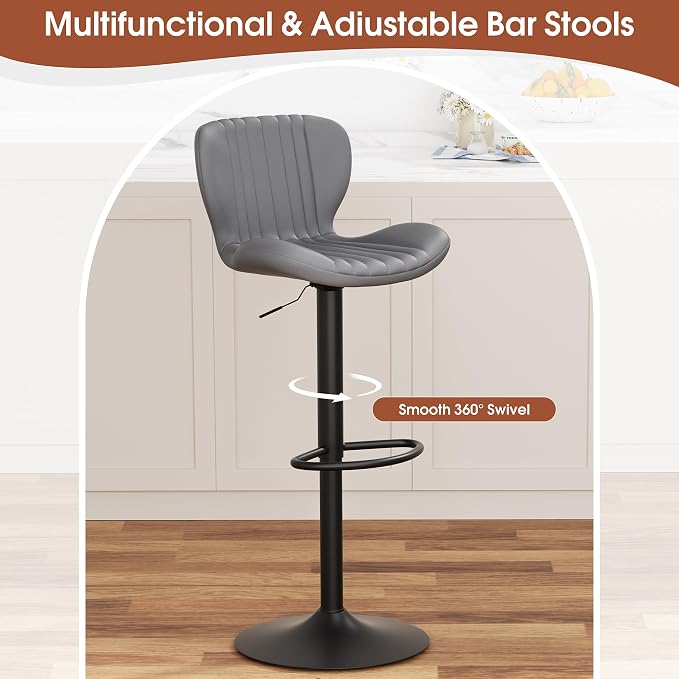 JAMFLY Bar Stools Set of 4, Leather Adjustable Barstools Counter Height with High Backrest, Island Chairs Set of 4 for Kitchen, Grey
