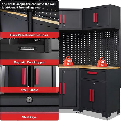 Corner Workshop Set,10-Pcs Garage Cabinets and Storage System with Corner Cabinet, Cabinet Drawers, Workbench, Pegboard for Tool Organization, Red and Black