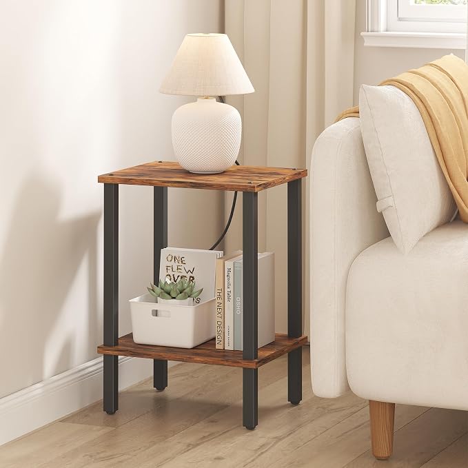 TUTOTAK End Table, Side Table, Nightstand, 2-Tier Storage Shelf, Sofa Side Table for Small Space, Living Room, Bed Room Brown and Black TB01BB034