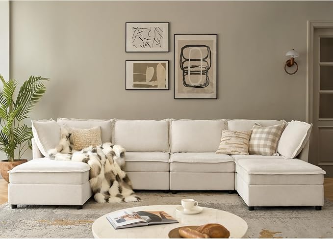 HULALA HOME 127'' Modular Sectional Sofa, Oversized U Shaped Couch with Storage Ottoman, Comfy Chenille Sofa with Deep Seat, 6 Seat Convertible Couches for Living Room, Beige