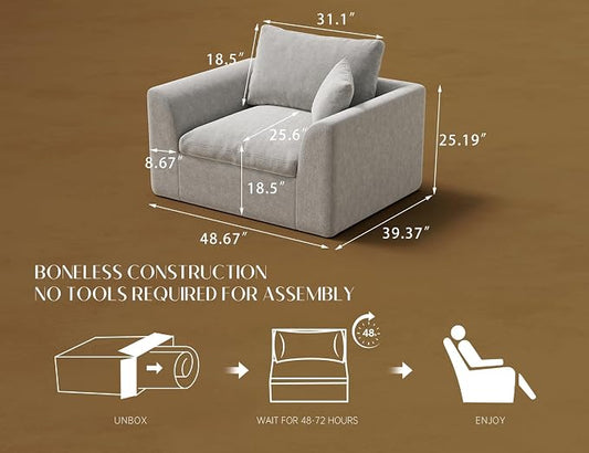 ohllob 48.6" Single Sofa, Small Boneless Couches for Living Room, Cloud Couch for Bedroom, Office, Light Grey