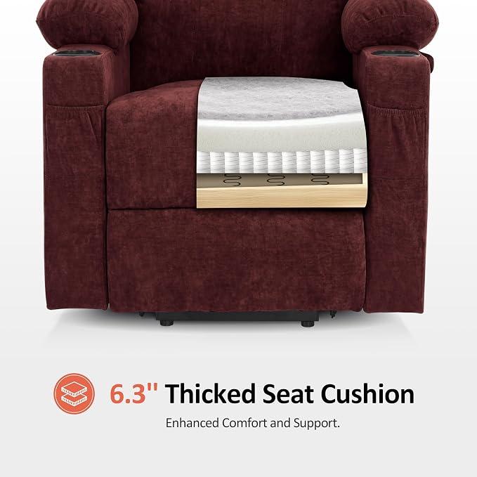 MCombo Power Lift Recliner Chair for Elderly, Lift Chair with Heat and Massage, USB&Type C Ports, Extended Footrest, Cup Holders, Fabric 7040 (Medium, Sangria)