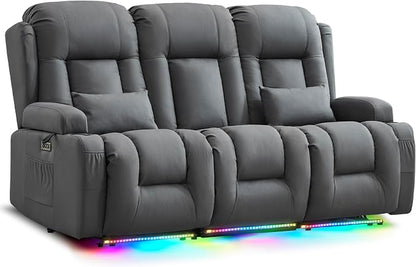 URRED Power Loveseat Recliner Sofa with Massage and Heat, Wall Hugger Reclining Loveseat with Console, RV Couch Home Theater Seating with LED Lights for Living Room (Blue Grey, 76.8" - 3 Seats)