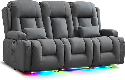 URRED Power Loveseat Recliner Sofa with Massage and Heat, Wall Hugger Reclining Loveseat with Console, RV Couch Home Theater Seating with LED Lights for Living Room (Blue Grey, 76.8" - 3 Seats)