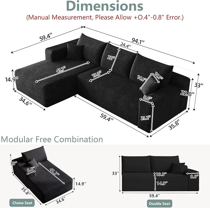 95" Modular Sectional Sofa, Modern Corduroy Cloud Couch with Side Pockets, Boneless Couch Upholstered 3-Seater L-Shaped Sofa for Living Room, No Assembly Required (Black,Left-Facing Chaise)