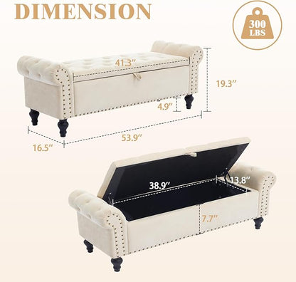 55" Storage Bench for Bedroom, Upholstered Ottoman Bench, Chenille Beige | End of Bed Bench for Bedroom, Window Benches for Living Room, Entryway, Ottoman with Large Storage Space, Pet Friendly