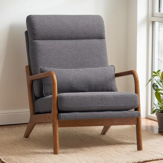 Karl home Accent Chair High Back Mid-Century Modern, Gray | Linen Fabric Upholstered, Walnut Color Solid Rubber Wood Frame, Soft Cushion with Pillow, For Living Room, Bedroom, Balcony