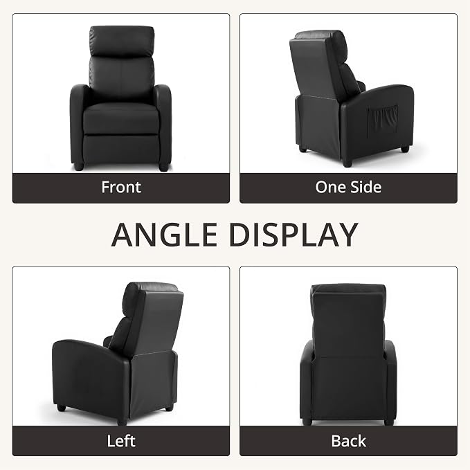 Leather Recliner Chair for Living Room, Modern Adjustable Home Theater Seating Single Sofa with Adjustable Backrest & Padded Armrests, Manual Push Back Armchair for Small Spaces,Black