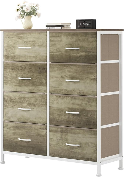 OLIXIS 8 Drawer Storage Dresser with Wood Top - Wide Fabric Chest Organizer for Bedroom, Closet, Living Room,Tower Cabinet, TV Stand, Hallway Entryway Furniture,Oak Greige