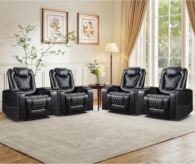ANJ Power Recliner Chair Set of 4, Electric Soft Faux Leather Reclining Home Theater Seating - USB Ports, Cup Holders, Hidden Arm Storage Movie & Media Room Chairs (Black)