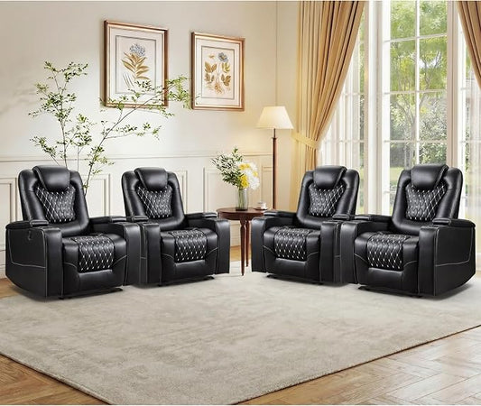 ANJ Power Recliner Chair Set of 4, Electric Soft Faux Leather Reclining Home Theater Seating - USB Ports, Cup Holders, Hidden Arm Storage Movie & Media Room Chairs (Black)