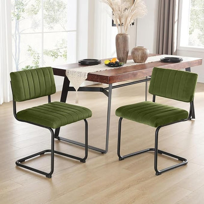 ONEVOG Mid Century Modern Dining Chairs Set of 2, Green Velvet Kitchen Chairs with Tufted Backs, Upholstered Wide Seat, Armless Cantilevered Chairs with Metal Legs for Kitchen Living Room