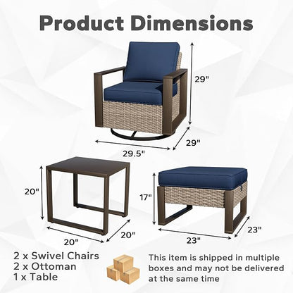 Outdoor Patio Swivel Rocker Chairs, 5 Pieces Wicker Furniture Set, 2 Swivel Rocking Chairs, 2 Ottoman and 1 Table, Metal Wide Armrest, Thick Cushions and Deep Seating for Garden, Backyard, Porch, Deck