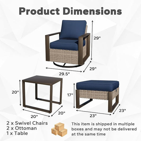 Outdoor Patio Swivel Rocker Chairs, 5 Pieces Wicker Furniture Set, 2 Swivel Rocking Chairs, 2 Ottoman and 1 Table, Metal Wide Armrest, Thick Cushions and Deep Seating for Garden, Backyard, Porch, Deck