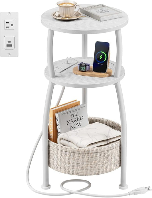 Round Side Table, 3-Tier End Table with Power Outlets, Small Table with Storage Basket, Coffee Table Sofa Side Table for Small Spaces, Nightstand for Living Room Bedroom, 11.81in, Matte White