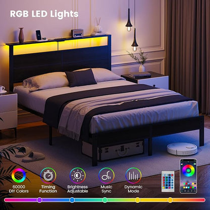 Queen Size Bed Frame with LED Lights, USB Type C Charging Headboard, Black Metal Platform Bed with Storage Shelf, Noise Free Design, No Box Spring Needed