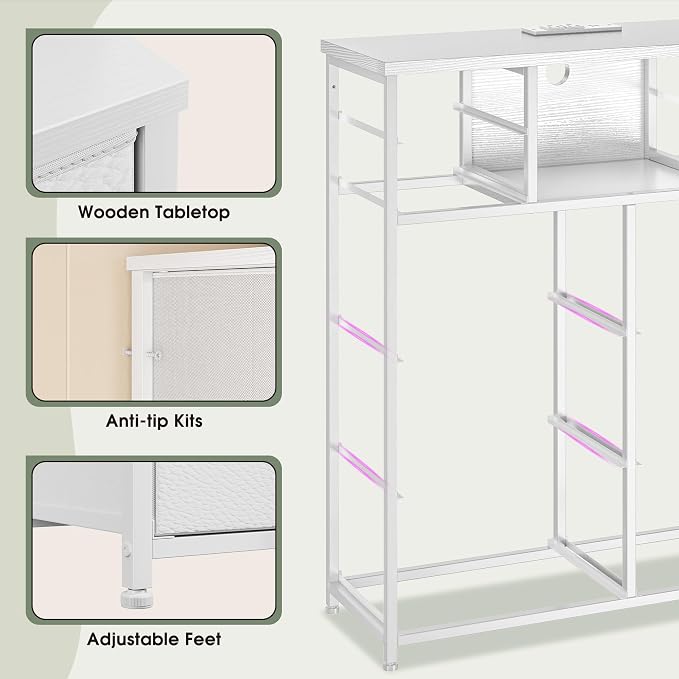Romorgniz White Dresser for Bedroom with LED Lights & Power Outlets 2 AC & 2 USB, Fabric 10 Drawer Dressers & Chest of Drawers with Open Shelves for Hallway Living Room Closet, Metal Frame, Wood Top