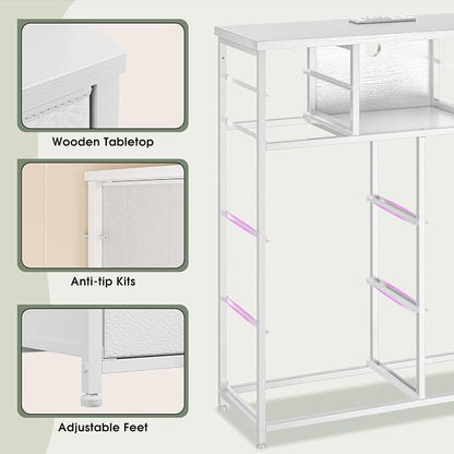 Romorgniz White Dresser for Bedroom with LED Lights & Power Outlets 2 AC & 2 USB, Fabric 10 Drawer Dressers & Chest of Drawers with Open Shelves for Hallway Living Room Closet, Metal Frame, Wood Top