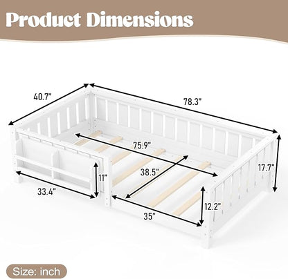 Bellemave Twin Floor Bed with high Rails and with Built-in Bookshelf for Kids, Girls, Boys, Wood Montessori Floor Bed Without Door, White