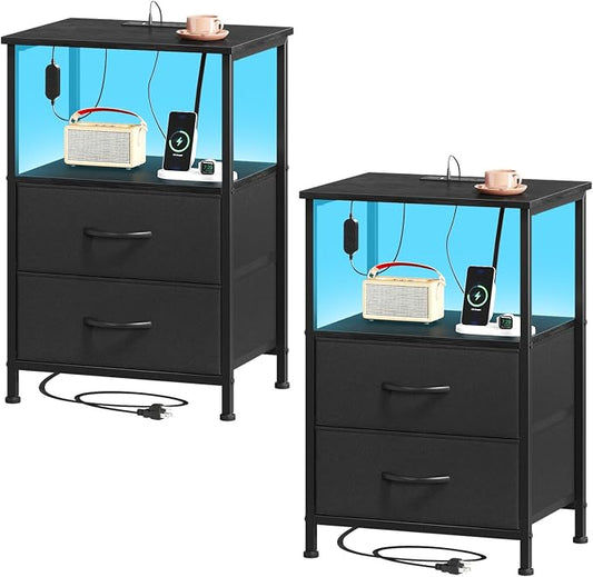 Somdot Nightstands Set of 2,End Tables with Charging Station and LED Lights,Black Night Stand with 2 Fabric Drawers, Bedside Table for Dorm Guest Room Bedside Kids Entryway Hallway, Black