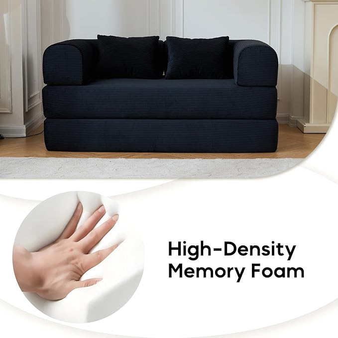 ZEIINPA 59“ Convertible Floor Sofa Bed, 5-in-1 Futon Sofa Bed Pull Out Sleeper Couch, Modern Corduroy Compressed Loveseat, Modular Boneless Couches for Living Room, No Assembly Required, Black