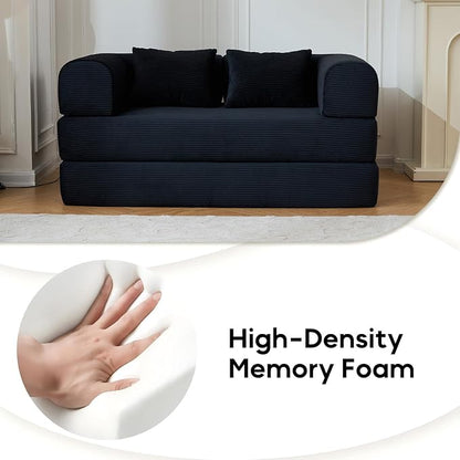 ZEIINPA 59“ Convertible Floor Sofa Bed, 5-in-1 Futon Sofa Bed Pull Out Sleeper Couch, Modern Corduroy Compressed Loveseat, Modular Boneless Couches for Living Room, No Assembly Required, Black