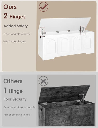 DINZI LVJ Storage Chest, 47.2" Rattan-Like Toy Box with 2 Safety Hinges, Wooden Entryway Storage Bench with Flip-Top, Large Trunk for Living Room, Bedroom, Easy Assembly, White