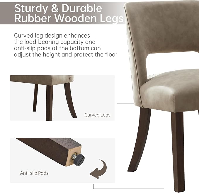 VKNOW Modern Dining Chairs Set of 6 with Rubberwood Legs, Taupe | Faux Leather, Curved Back, For family, Kitchen Dining RoomRestaurant Reception Room, No wobble, 80% pre-installed