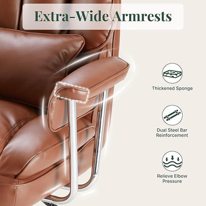 Executive Ergonomic Office Chair, PU Leather High Back Reclining Office Chair with Footrest and Lumbar Support, Height Adjustable Rolling Swivel Computer Chair for Home Office,Brown