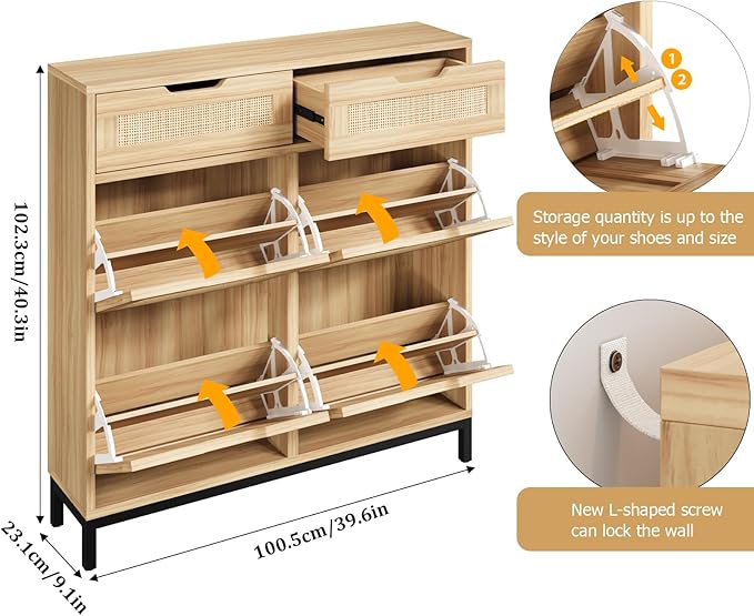 Jocoevol Rattan Shoe Cabinet for Entryway, Boho Shoe Storage Cabinet with 4 Flip Drawers and 2 Drawers, Narrow Freestanding Shoe Rack with Metal Legs for Entryway/Hallway/Foyer (Natural)