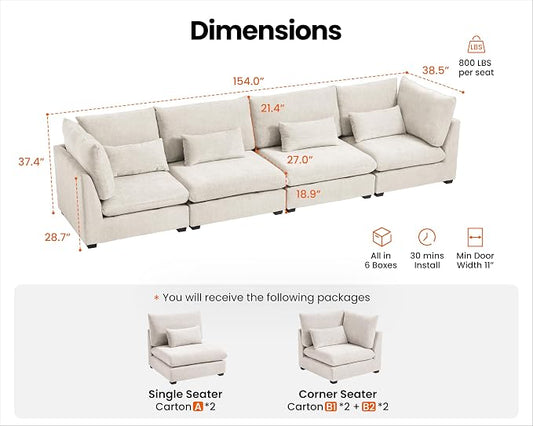 154" Oversized Chenille Couch Modular Sectional Sofa, Washable Cloud Couch Sectional, 4 Seater Sectional Couches for Living Room, Fully Cover Removable, Basic 4 Seater, Chenille, White