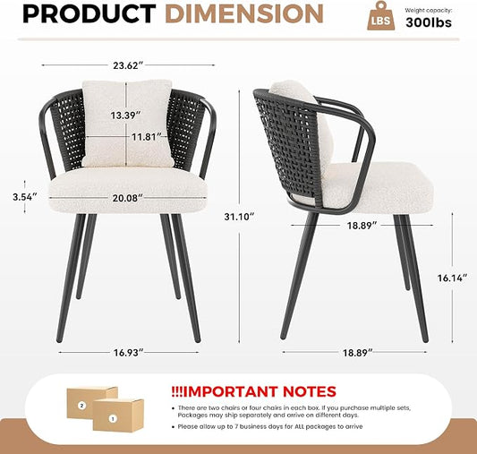 Modern Rattan Dining Chairs Set of 6, Upholstered Kitchen Chair with Metal Legs, Ergonomic Curved Backrest, Mid Century Living Room Chairs with Throw Pillow for Home, Black