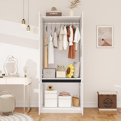 White Armoire Wardrobe Closet: 74" Wooden Wardrobe Closet with 2 Doors, Bedroom Armoires with Hanging Rod, Tall Closets Cabinet for Hanging Clothes (31.5")