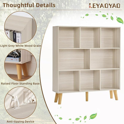 LEYAOYAO 8 Cube Bookshelf,3 Tier Bookcase with Legs,Light Grey White Mid-Century Modern Bookshelves,Large Open Storage Organizer Shelf, Wooden Book Case