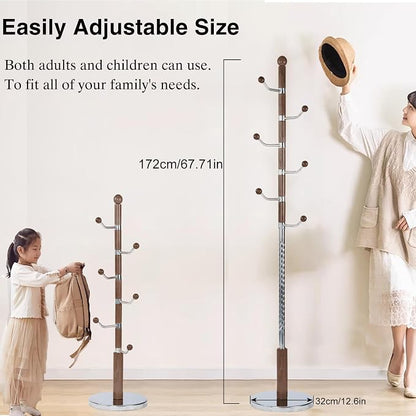 Wooden Coat Rack Freestanding, Hall Tree Hanger With Resin Hooks, Adjustable Heavy Duty Coat Rack for Hanging Clothes Bags Hats in Living Room Bedroom (coat rack, metal-cherry color)