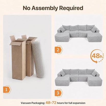 Claiks 120" Boneless Couch, Cloud Couch Sectional, U-Shape Corduroy Modular Sectional Sofa Deep Seat, Upholstered Couches for Living Room, No Assembly Required, Light Grey