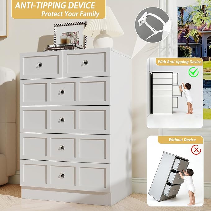 6 Drawer Dresser for Bedroom: 24" White Chest of Drawers with Deep Drawers, Tall Fluted Dresser with Storage, Modern Wood Dressers for Bedroom, Living Room