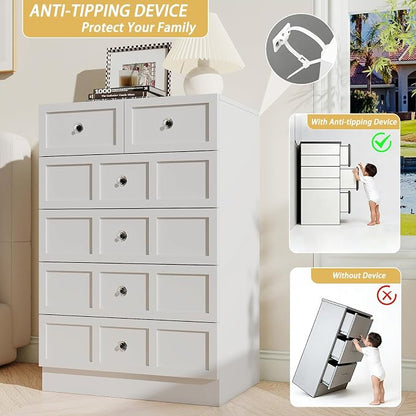 6 Drawer Dresser for Bedroom: 24" White Chest of Drawers with Deep Drawers, Tall Fluted Dresser with Storage, Modern Wood Dressers for Bedroom, Living Room