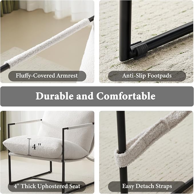 Furnilivng Large Sling Accent Chair, Comfortable Boucle Fabric Arm Chair, Upholstered Cozy Reading Chair for Living Room, Bedroom, Dressing Room, Home Office (White, Set of 1)